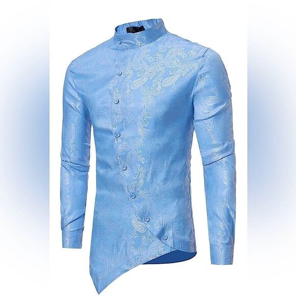 Blue Paisley printed stand collar Asymetric shirt Size Large - Picture 1 of 9